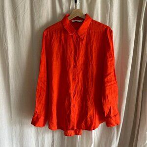 ZARA orange 100% linen Long Sleeve Button Down Shirt L